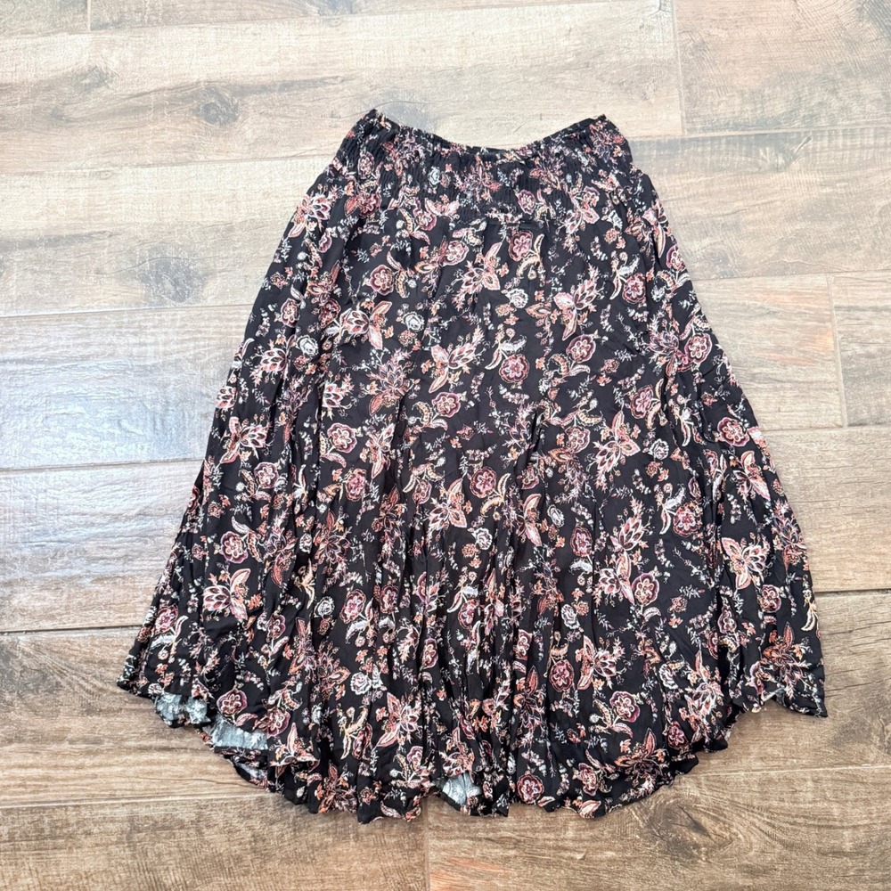 Calessa Womens Boho‎ Cottage Floral Paisley Smocked Waist Midi Skirt, Black, L